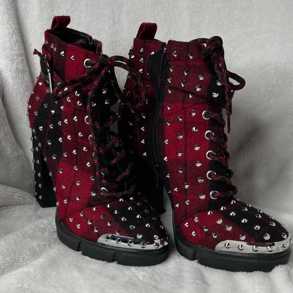 Gianni Bini Red and Black Plaid Studded Boots - Picture 2 of 16